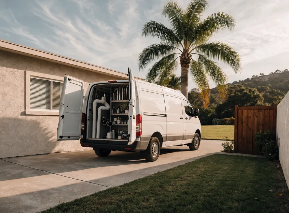 A work van with plumbing parts parked at a Southern California home